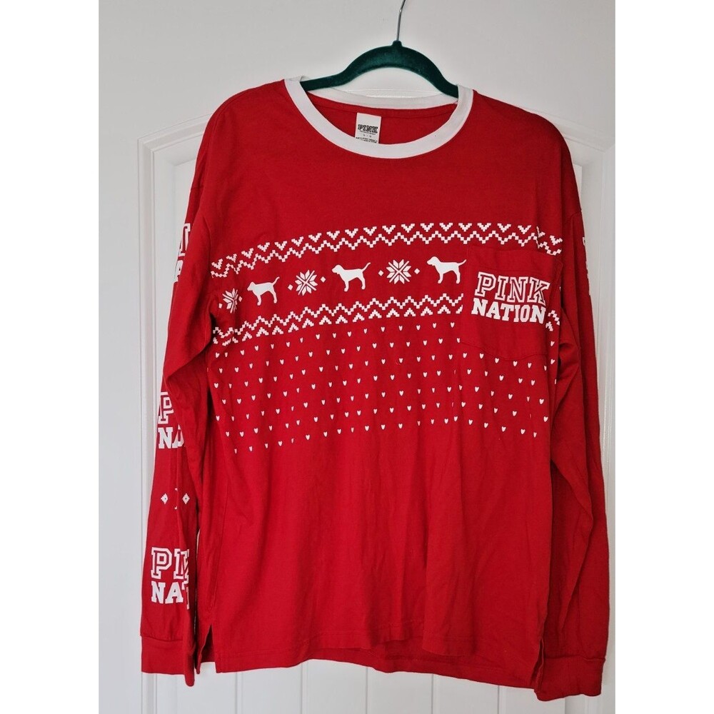 Victoria’s Secret PINK Red Christmas LS Fair Isle T-shirt L